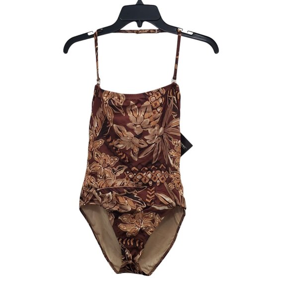 Newport News Womens Vintage Brown Tropical Halter Neck One Piece Swimsuit NWT 10 - Picture 1 of 7